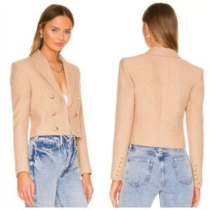 House of Harlow 1960 Women’s Sz M Tan Tweed Cropped Blazer Gold Button Classic